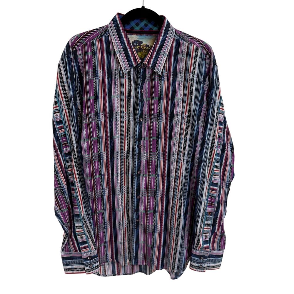 Robert Graham Mixed Print Striped Long Sleeve Button Down Blue Purple Mens 2XL